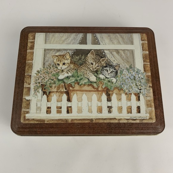 Other - Vintage Tabby Kittens Cats in Flower Pots Picket Fence Collectible Tin 6"x7.5"